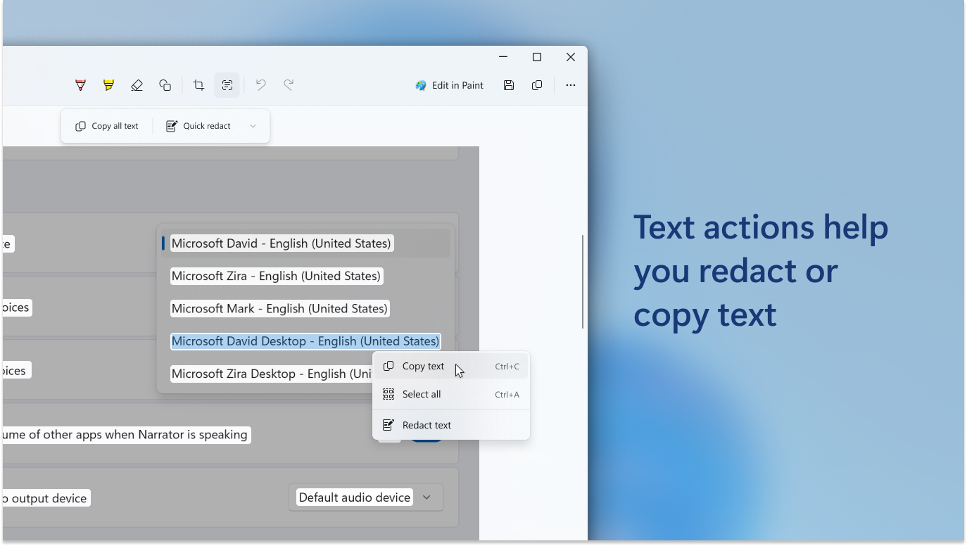 Панель Text actions с Copy text и Redact text над областями OCR